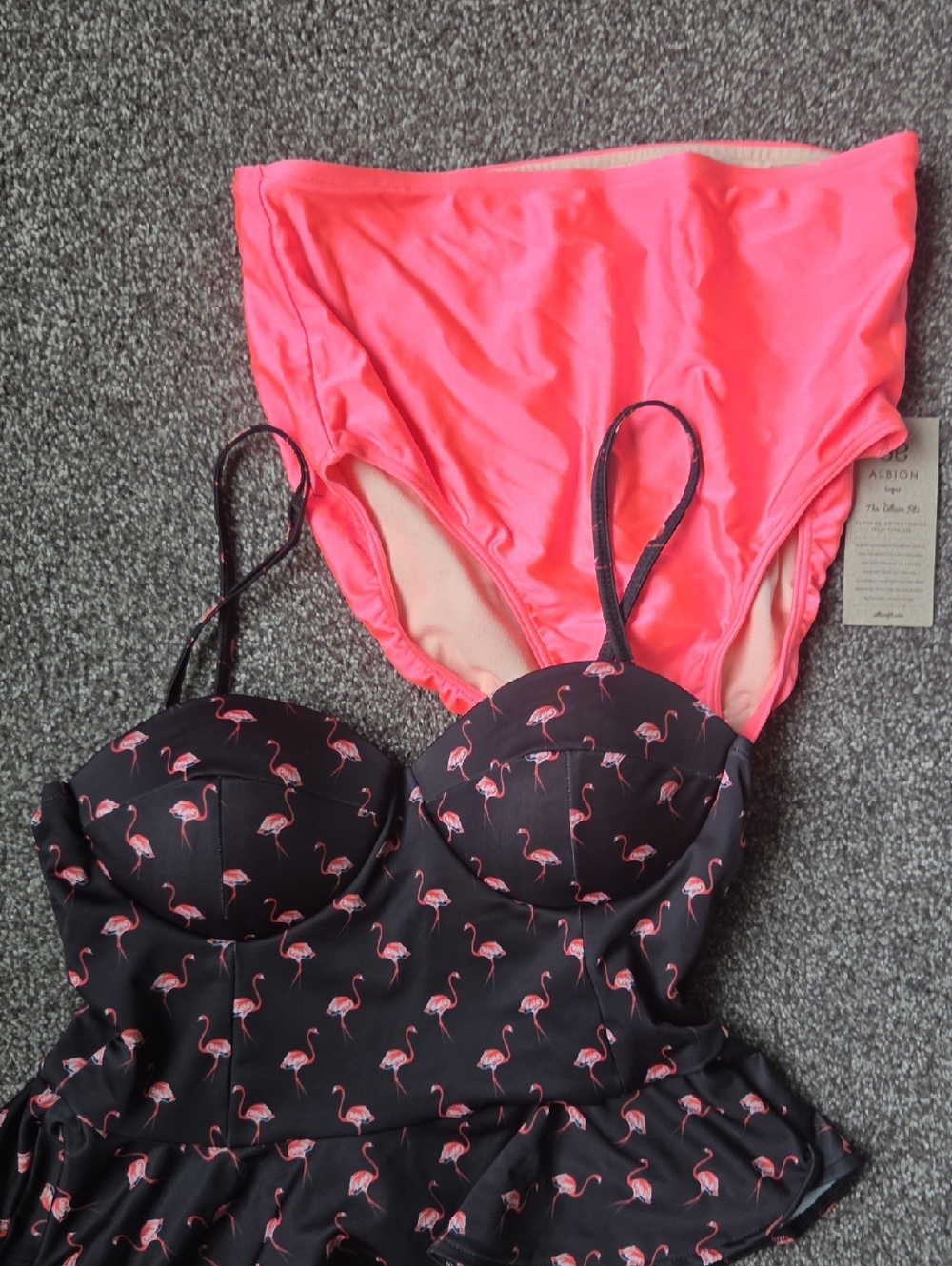 Albion Women's Black Flamingo Print Swim Top with Neon Pink Bottoms